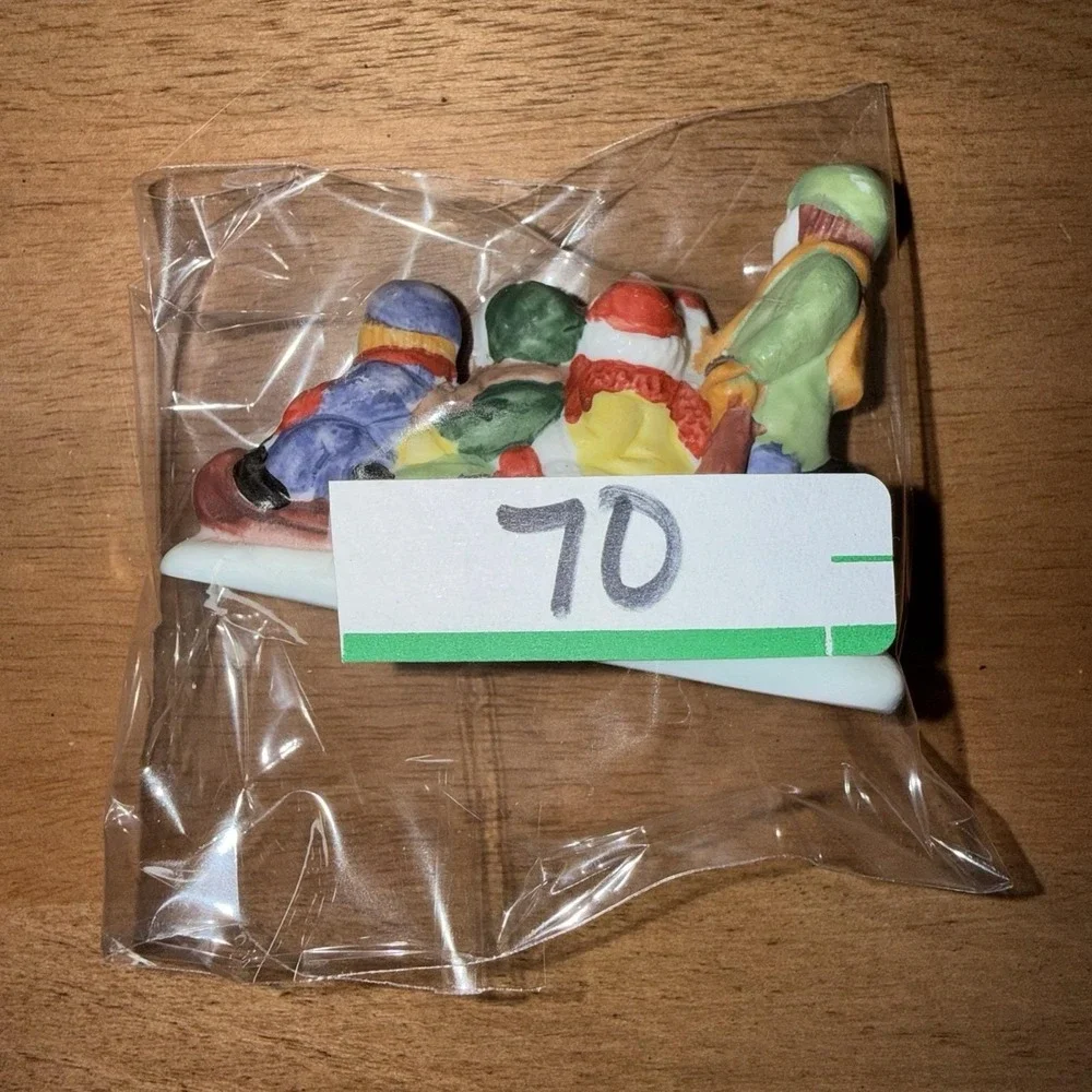 Vintage Ceramic Christmas Village Figurine Children Sledding Winter Decor
